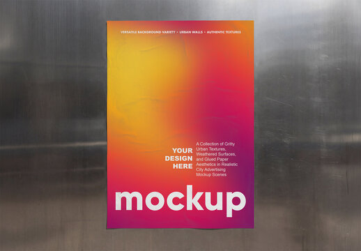 Blank Crumpled Vertical Poster Mockup On Metal Elevator Wall