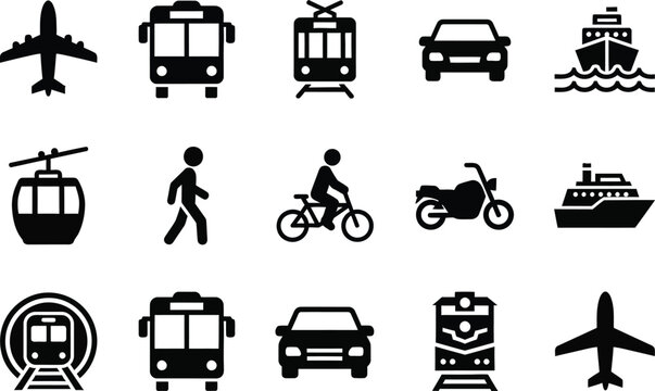 a collection of black silhouette icons representing various modes of transportation including planes cars trains boats and people high quality professional