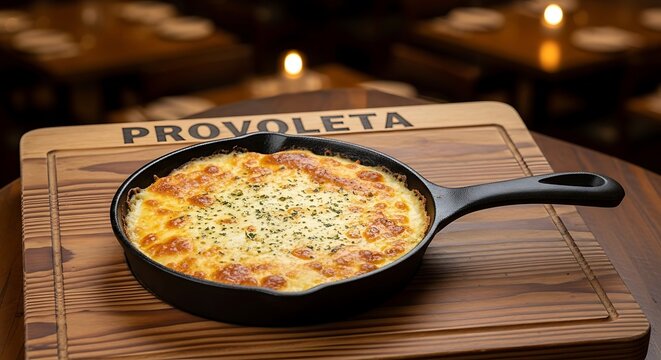 A Delicious Provoleta Served in a Cast Iron Skillet on a Wooden Board