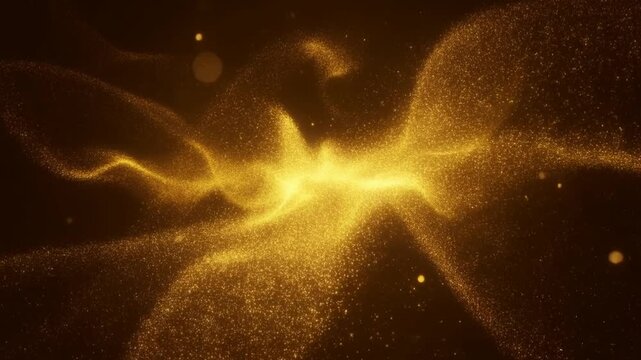 Abstract golden particles flowing and swirling in a dark space, creating a sense of motion and depth, with subtle bokeh effects and ethereal light highlights