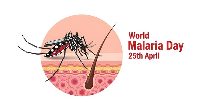 World malaria day awareness illustration featuring a mosquito biting human skin