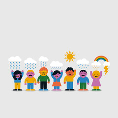 Fototapeta premium Diverse Children Celebrating Weather Conditions with Rain, Sun, and Rainbow
