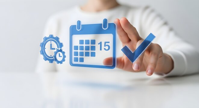 Calendar and time management concept with a checkmark, clock and date