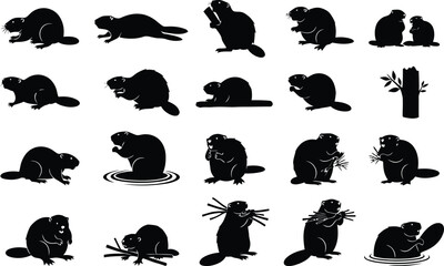 Beaver silhouette poses collage on white background © MD