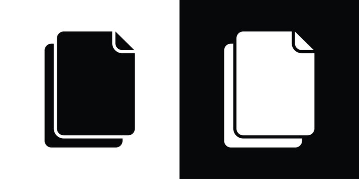Minimalist vector icon of two stacked pages with text lines. Represents multiple documents, file copies, content management, paperwork, and digital or physical information storage.
