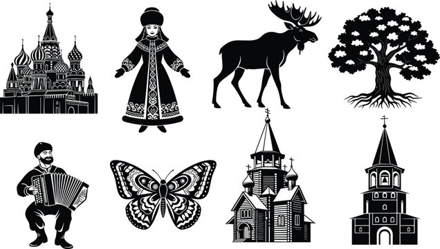 Black and White Russian Cultural Icon Set Featuring Orthodox Churches Traditional Folk Costumes Accordion Player Moose Butterfly and Nature Elements for Heritage Travel Graphic Design