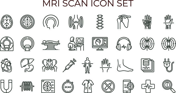 MRI scan outline icon set with medical imaging radiology anatomy diagnostic symbols for healthcare apps dashboards interfaces presentations education materials