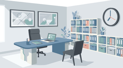 Modern minimalist home office interior with desk, laptop, and bookshelves © StockStudio