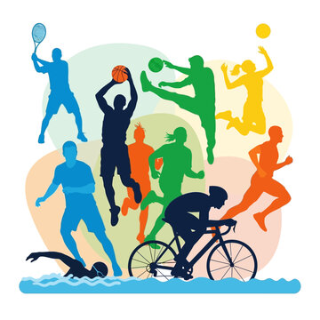 Diverse Sports Silhouettes: Athletes in Action - Swimming, Cycling, Running, Basketball, Tennis