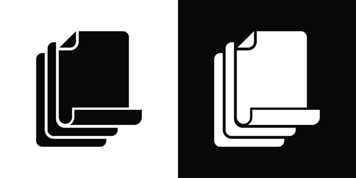 Vector illustration of two stacked sheets of paper with curled edges. Represents multiple documents, file copies, archives, content management, and administrative paperwork tasks.