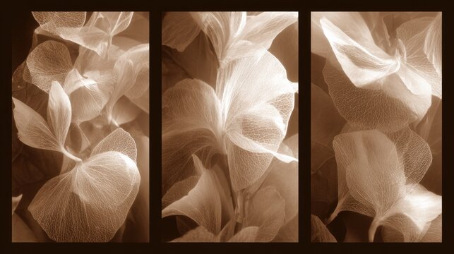 Abstract floral triptych art with soft textures and organic shapes in neutral tones