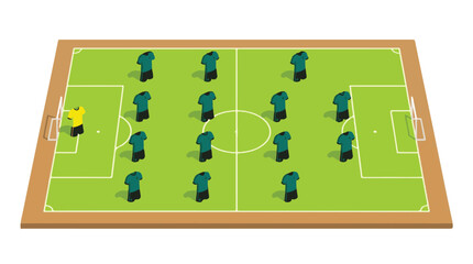 Isometric view of a soccer field with player jerseys in tactical formation © StockStudio