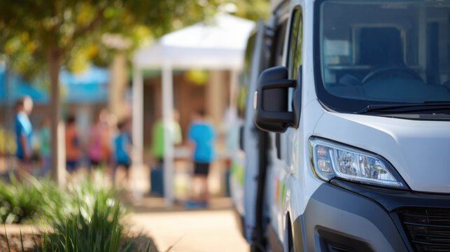 Branded mobile language lab van parked with its foldout side panel open sharp focus on van details blurred background of school grounds and children.