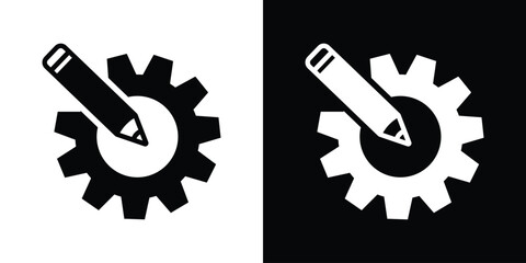 Vector icon of a pencil editing a gear wheel, symbolizing technical design, custom settings, engineering development, and process optimization. Minimalist flat black and white graphic. © bibin