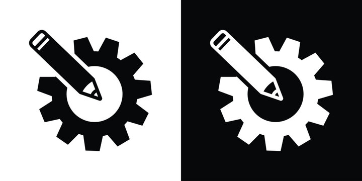 Vector icon of a pencil editing a gear wheel, symbolizing technical design, custom settings, engineering development, and process optimization. Minimalist flat black and white graphic.