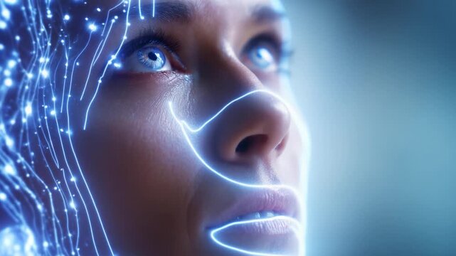 A Woman's Face Merged with Digital Neural Networks, Showcasing Stunning Blue Eyes and Futuristic Bioengineering in a Surreal, Ethereal Atmosphere of Innovation.