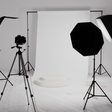Professional Photography Studio Setup Mockup with Circle Podium for Product Presentation, Wide View 3D Render, Copy Space