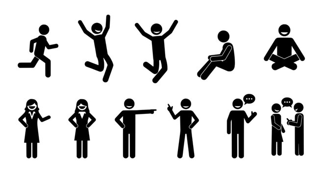 Stick figures icon set with black silhouettes and various poses and actions featuring people icons, running, jumping with sitting and meditating
