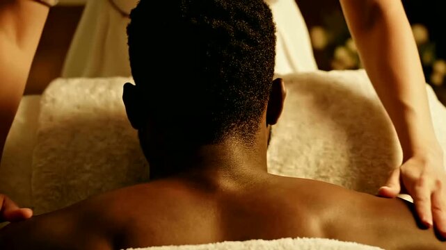 Back massage therapy session in a warm spa setting for relaxation or Spa massage focusing on neck shoulders and upper back relaxation