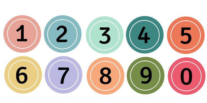 Collection of bullet point designs from numbers 0 to 9. With round designs and cheerful colors.