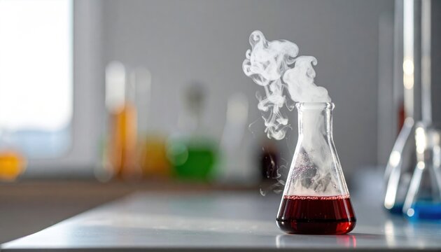An Erlenmeyer glass flask containing elemental bromine, a dark reddish-brown liquid, vigorously emitting thick white vapor on a laboratory bench.