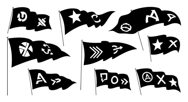 Flags black set with white symbols and letters on waving banners, rebel signs with various markings.