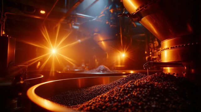 Industrial Coffee Roasting Process Highlighting the Rich Aroma and Texture of Coffee Beans Under Dramatic Lighting in a Modern Roastery Environment