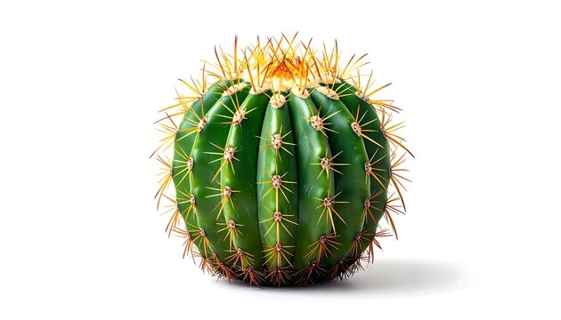 Close-up of a perfectly round, vibrant green cactus with spiky golden needles against a plain white background