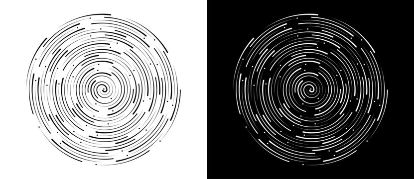 Abstract circular pattern with concentric dashed lines and dots. Minimalist vector illustration of digital star trails or vortex orbits isolated on black and white backgrounds.