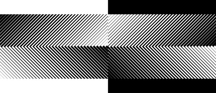 Abstract geometric pattern with diagonal halftone lines and chevron effect. Minimalist vector illustration of parallel linear texture isolated on black and white backgrounds.