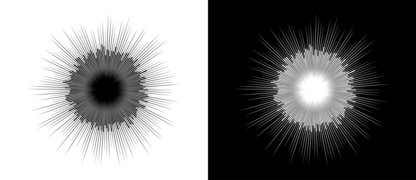Abstract radial sunburst pattern with wavy line core. Minimalist vector illustration of a digital explosion, sonic wave, or energy radiation isolated on black and white backgrounds.