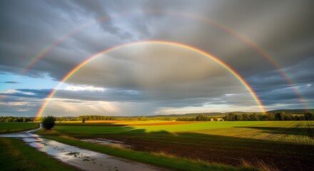 Fototapeta premium A double rainbow appears over a vast field with a stream running through it on a cloudy day.