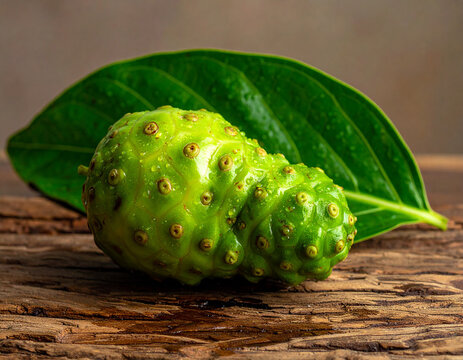 Close-up of a bumpy green noni fruit with water droplets on wood tropical exotic