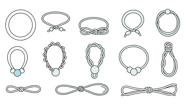 Collection of various hair ties, elastics, and scrunchies in different shapes and styles shown as line art illustrations.