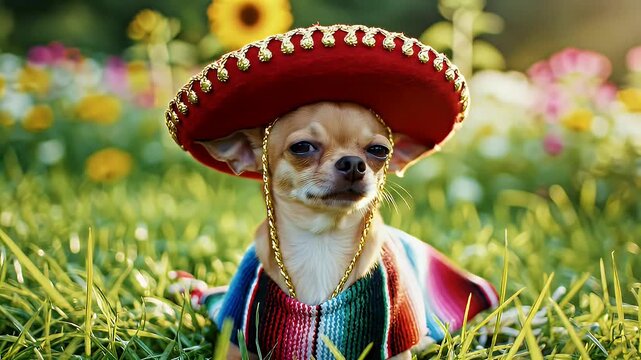Cute chihuahua dog wearing sombrero and serape in sunny grass