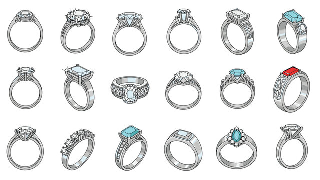 Collection of fifteen elegant diamond rings with various cuts, settings, and colored gemstones on a white background.