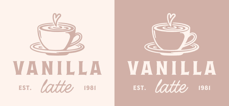 Vanilla latte coffee cup milk bourbon bean extract syrup cream natural flavor logo label sticker design. Homemade hot drink with foam art drawing retro vintage beige aesthetic printable poster print.