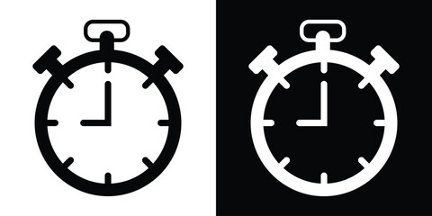 Obraz premium Professional stopwatch timer icon. Clean vector graphic representing sports timing, deadlines, and speed measurement. Includes both solid black and white-on-black versions.