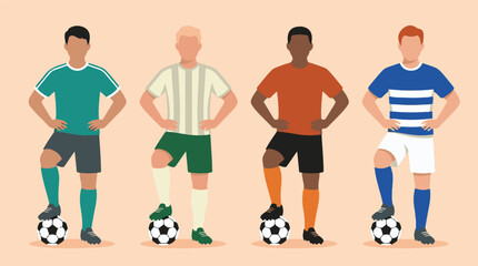 Fototapeta premium Diverse male soccer players standing with footballs in flat vector style