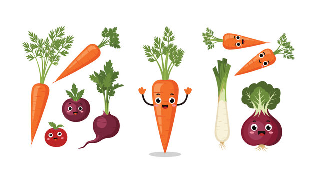 Playful vegetable characters including carrots beets and a radish with cute smiling faces are featured in this colorful illustration.