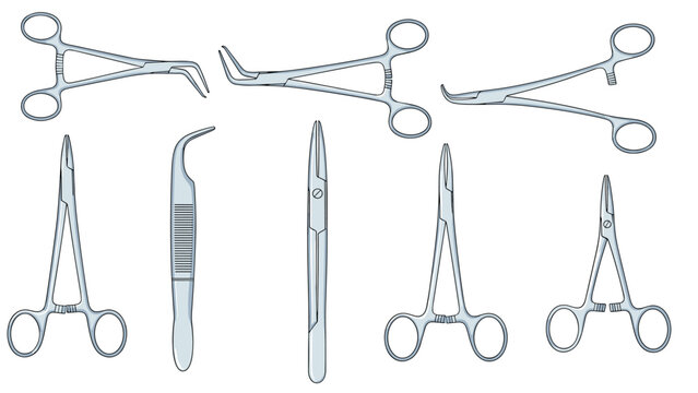 Professional surgical and medical instruments such as forceps scissors and tweezers are shown in a detailed technical illustration.