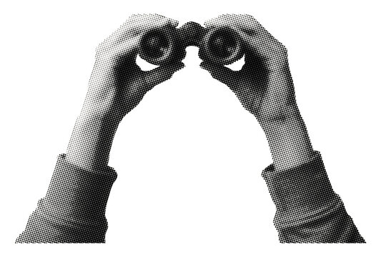 hands holding binoculars isolated retro halftone vintage grunge dotted texture cut-out observation searching focus exploration collage element mixed media design