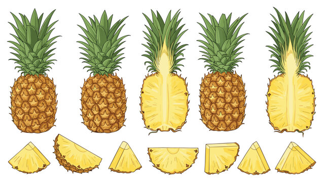 Tropical pineapple fruit illustrations showing the whole textured fruit and various sliced wedges for healthy food concepts.