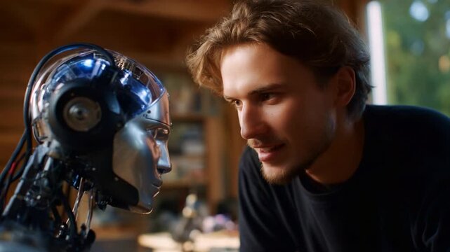 Exploring the Human-Robot Connection: A Fascinating Interaction Between a Thoughtful Young Man and an Advanced Humanoid Robot in a Cozy Environment