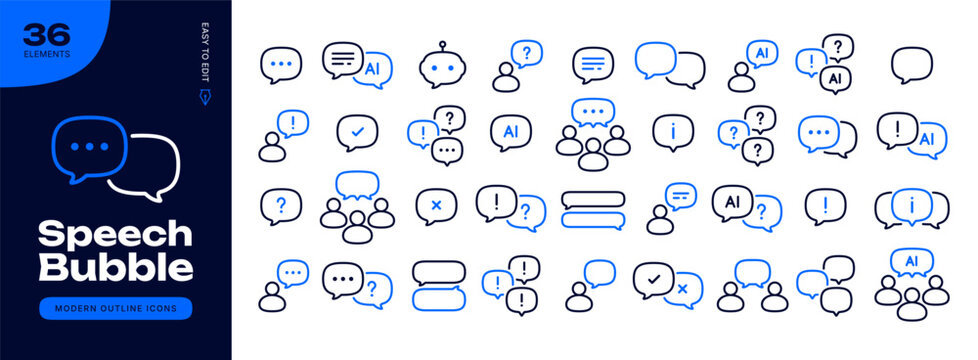 Modern AI chatbot and speech bubble outline icon set, linear blue communication symbols, artificial intelligence message and dialogue line art collection, thin line chat bubbles for UI UX design