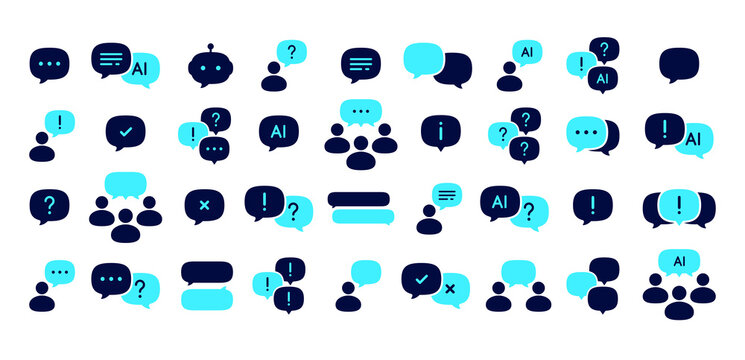 Modern AI chatbot and speech bubble icon set, flat people communication symbols, artificial intelligence message and dialogue collection, silhouette chat bubbles for UI UX design
