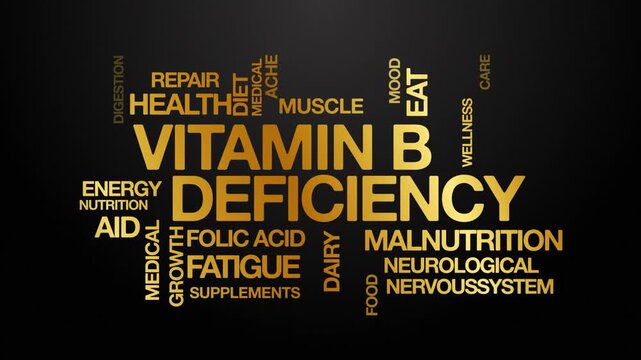 Vitamin B deficiency concept Animated Tag Word Cloud kinetic typography, Text Design Animation typography seamless loop video motion graphics Intro Wordart gold golden type on black background backdro