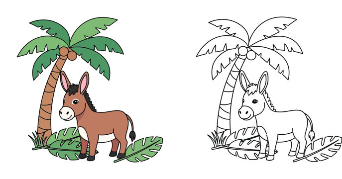 Cute Little Donkey under Palm Tree Cartoon Illustration and Black and White Coloring Page Line Art Vector for Kids