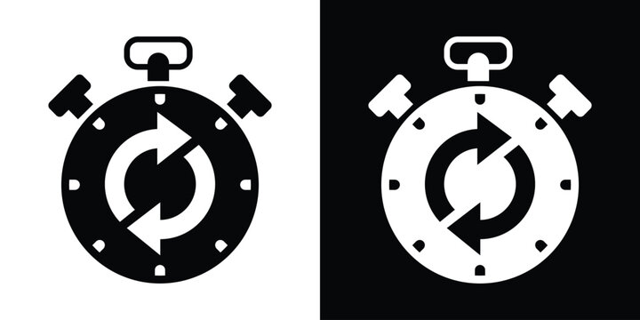 Stopwatch icon featuring circular refresh arrows. Symbol for recurring time, countdown cycles, or process updates. Modern flat design for UI/UX and time management apps.
