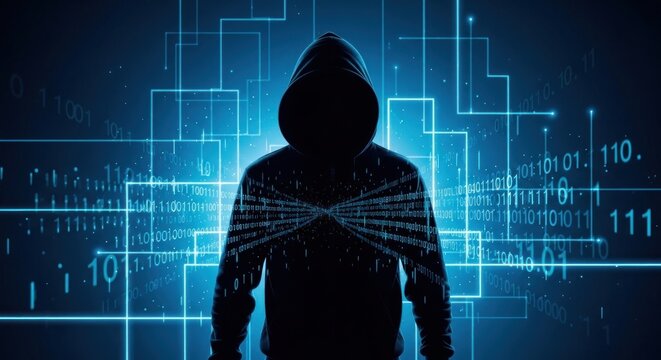 A hooded figure against a digital background with binary code and light trails.